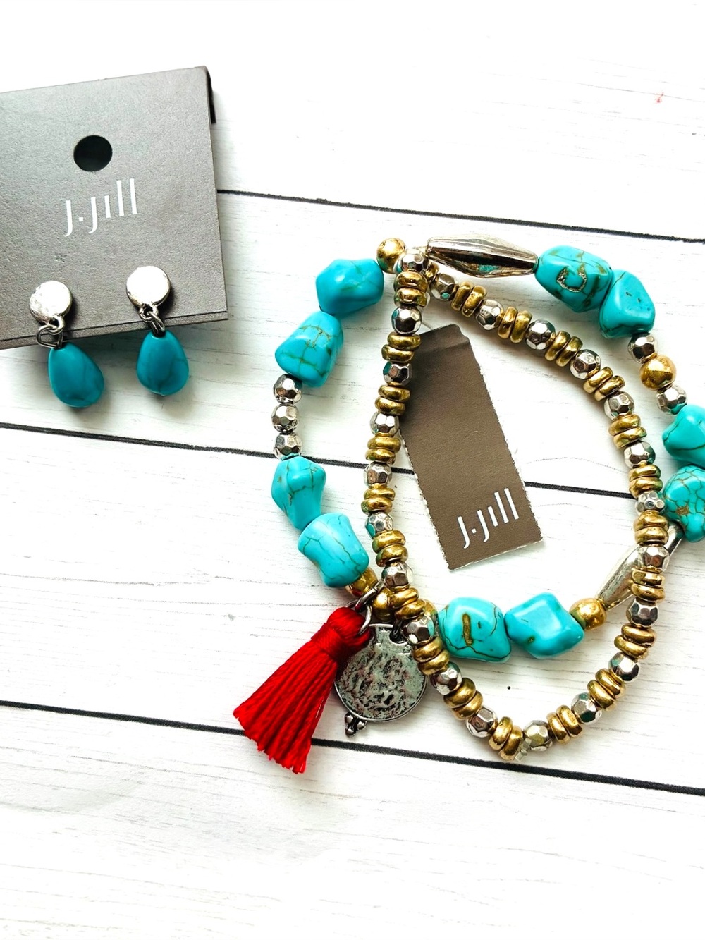 NEW NWT J. Jill Turquoise Bead Bracelet Earrings Set Red Tassel $39 Retail Tag